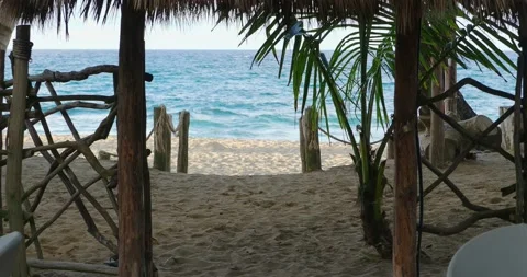 View on ocean through the beach entrance with wood fence and trees arch. Stock Footage 239485856