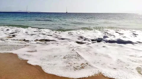 View of the ocean waves, sandy beach and sky. Slow motion. Stock Footage 294688079