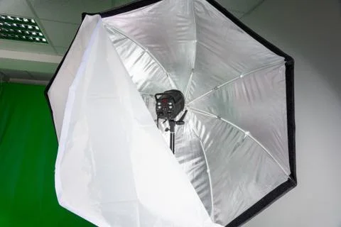View into an octabox reflector with the flashlight in the middle Stock Photos