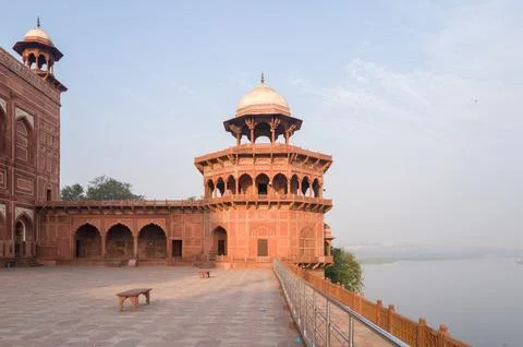 View of the octagonal tower and riverside terrace of the Jawab Masjid at the Taj Stock Photos