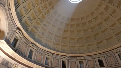 View of the oculus natural light in Pantheon dome in Rome, ancient Rome Stock Footage 221495642