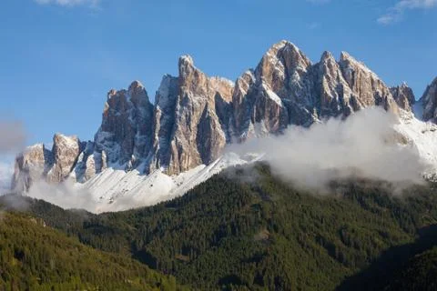 View on the Odle mount in Val di Funes, Dolomites after an autumnal storm Fotos Stock