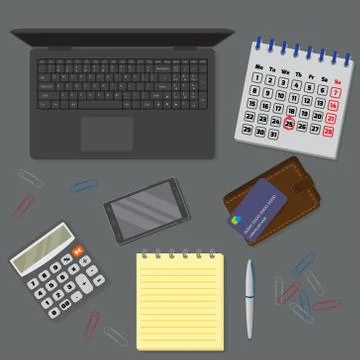 View of office dark desk background including laptop, digital devices. Illustrazione stock