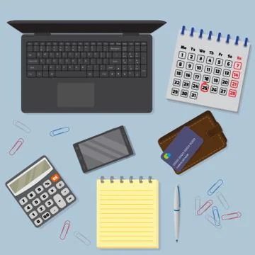 View of office desk background including laptop, digital devices. Stock Illustration