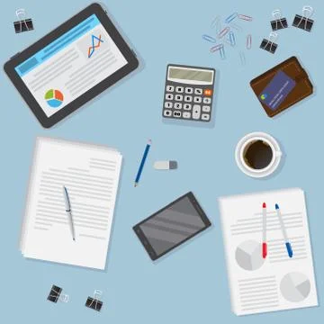 View of office desk including tablet, smartphone and business objects. Stock Illustration