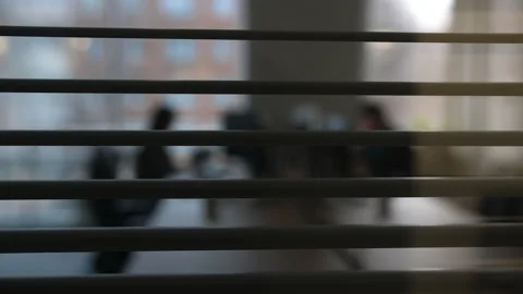 View of the office office through the partially opened blinds 스톡 동영상 171572996