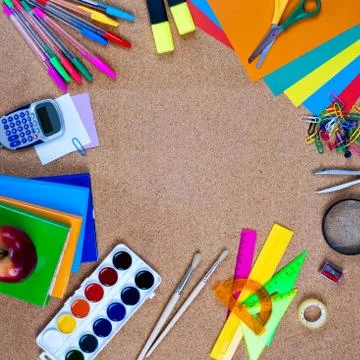 View of the office tools on cork board Stock Photos