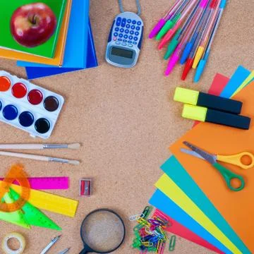 View of the office tools on cork board Stock Photos