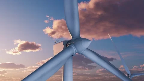 View of offshore wind farm on the sunset sky. Time lapse. 3D render Stock Footage 295134442