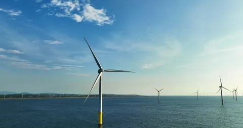 View of the Offshore wind power systems off the western coast of Taiwan. Offs Video stock 246775250