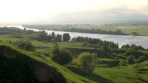 View of Oka River from height of hill. Beauty of Russian nature. Stock Footage 108745382