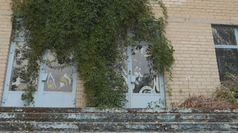 View of old abandoned building dining room or café Stock Footage 83530690