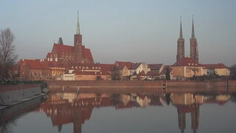 View on the old architecture on Cathedral Island at sunset in Wroclaw Stock Footage 108300094