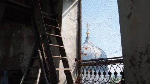View from the old bell tower to the neighboring dome of the Orthodox Church. Stock Footage 278200547