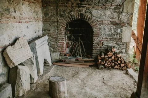 View of the old brick fireplace Foto stock