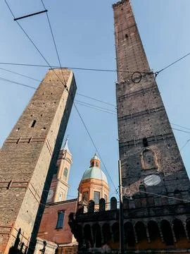 View of old brick tower and cathedral in Bologna, Italy Stock Photos