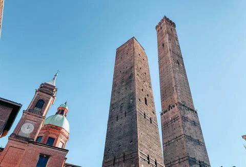 View of old brick tower and cathedral in Bologna, Italy Stock Photos