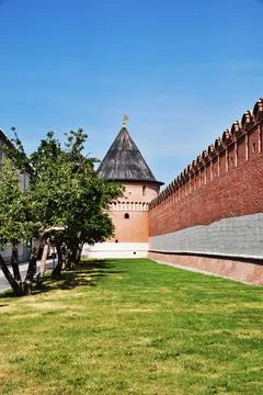View of the old brick wall and the corner tower. Tula Kremlin. Stock Photos