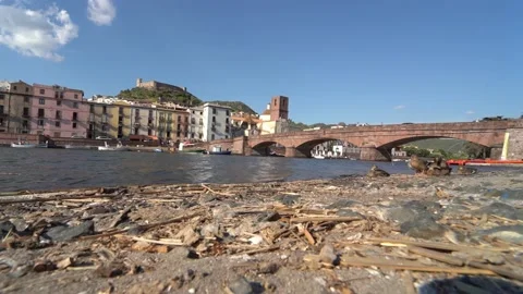 View of the old bridge in Bosa on the Temo River Stock Footage 204866163