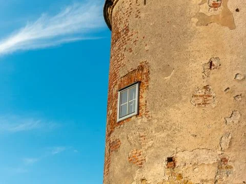 View on the old castle elements at the spring tower door window handle Stock Photos