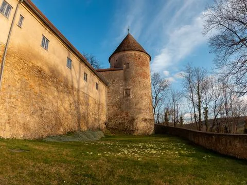 View on the old castle elements at the spring tower door window handle Stock Photos