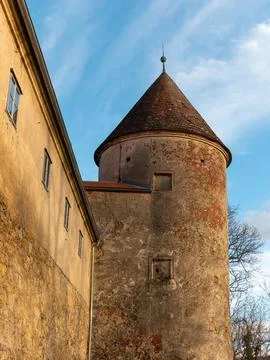 View on the old castle elements at the spring tower door window handle Stock Photos