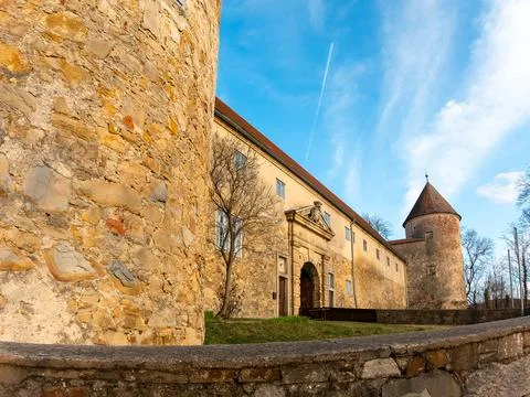 View on the old castle elements at the spring tower door window handle Stock Photos