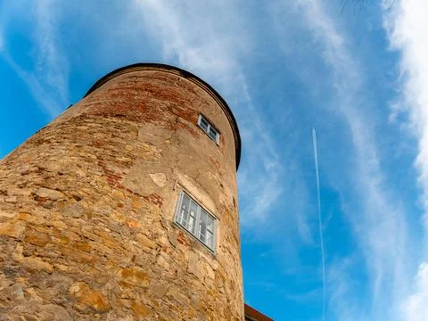 View on the old castle elements at the spring tower door window handle Stock Photos