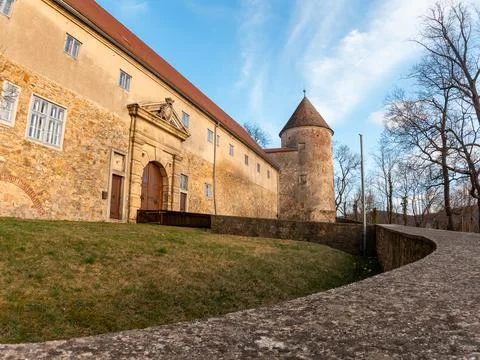 View on the old castle elements at the spring tower door window handle Stock Photos