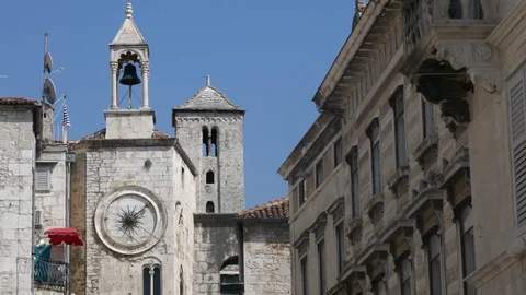 View of old city clock and tower of Split in Croatia Stock Footage 90268514