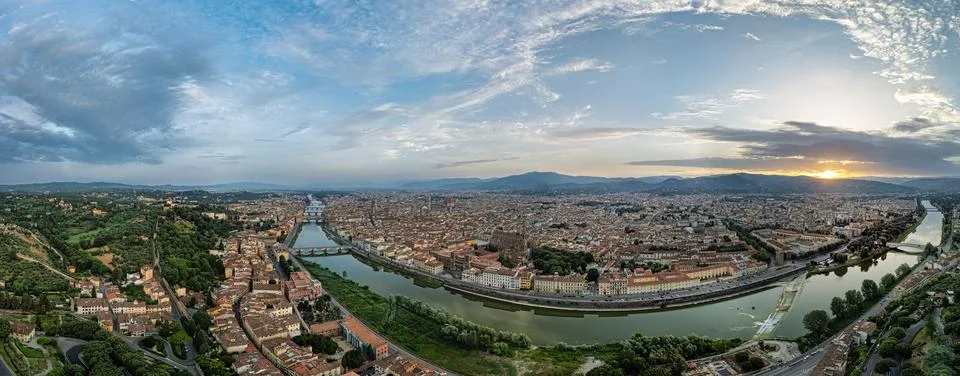 View of the old city of Florence and the Arno River at sunrise Stock Photos
