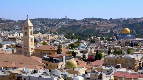 View of old city in Jerusalem with buildings and clear sky Stock Footage 337874744