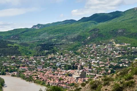 View of the old city Mtskheta and Svetitskhoveli Cathedral Stock Photos