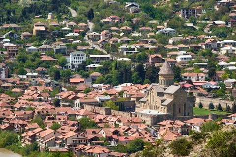 View of the old city Mtskheta and Svetitskhoveli Cathedral Stock Photos