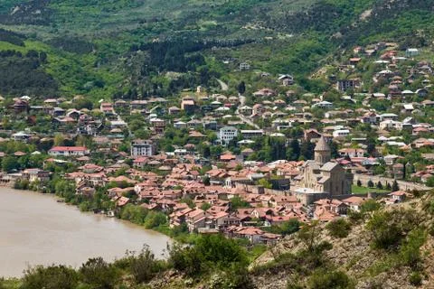 View of the old city Mtskheta and Svetitskhoveli Cathedral Stock Photos