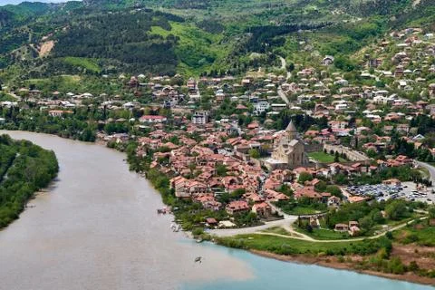 View of the old city Mtskheta and Svetitskhoveli Cathedral Stock Photos