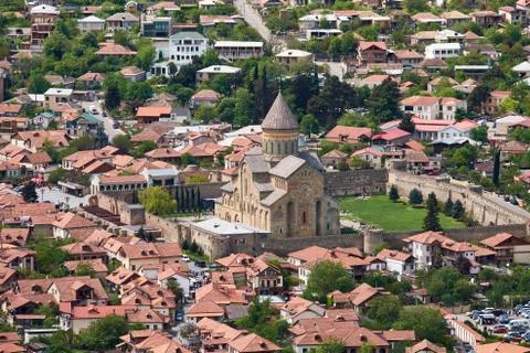 View of the old city Mtskheta and Svetitskhoveli Cathedral Stock Photos