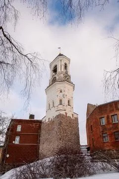 View of old Clock Tower through tree branches on sunny winter day. Belfry of Stock Photos