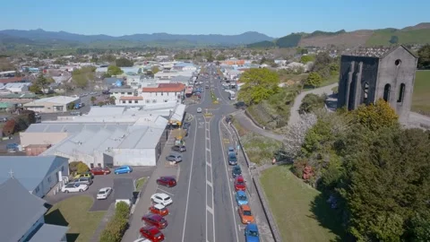 View of the Old cornish Pumphouse and waihi Main Street, New Zealand Stock-Footage 252312777
