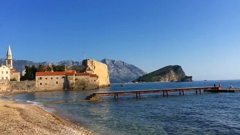 View of Old District of Budva in a good weather, Montenegro Stock Footage 120825822