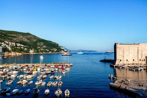 View from the old harbor of Dubrovnik with St John's Fortress in front Stock Photos