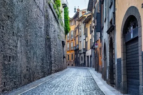 View of the old historic streets in Upper Bergamo (Citta Alta). Bergamo is .. Stock Photos