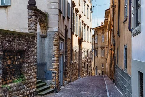 View of the old historic streets in Upper Bergamo (Citta Alta). Bergamo is .. Stock Photos
