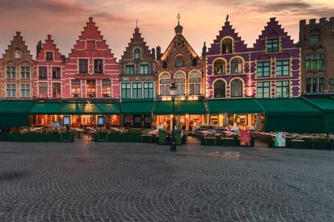 View of old houses in Markt, medieval market square of Bruges in Flanders Stock Photos