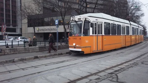 A view on an old Hungarian tram passing Stock Footage 125186649