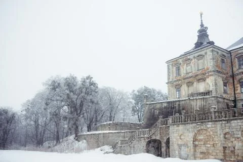 The view of the old isolated gothic castle covered with fluffy snow. Stock Photos