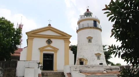 View to the old lighthouse and chapel in the Guia fortress in Macau, China. Stock Footage 60813343