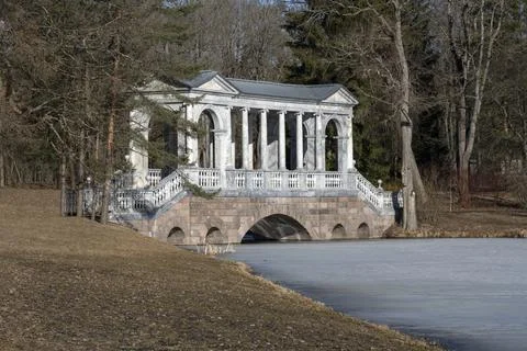 View on the old Marble Bridge on a spring day. Tsarskoye Selo 스톡 사진