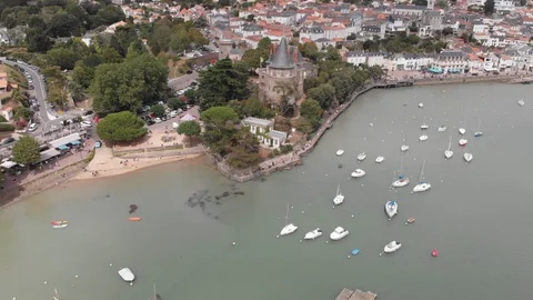 View of old medieval Pornic castle with Lateral drone move Pornic, France Stock Footage 116193243