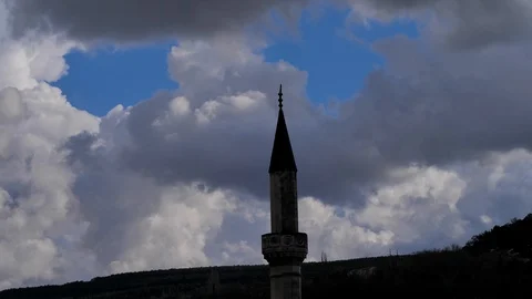 The view of the old minaret on a cloudy day. timelapse Stock Footage 124687906